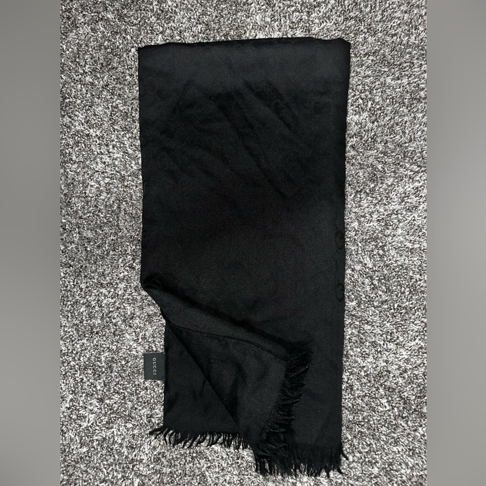 Gucci Black Monogram Wool Silk Scarf Shawl Wrap